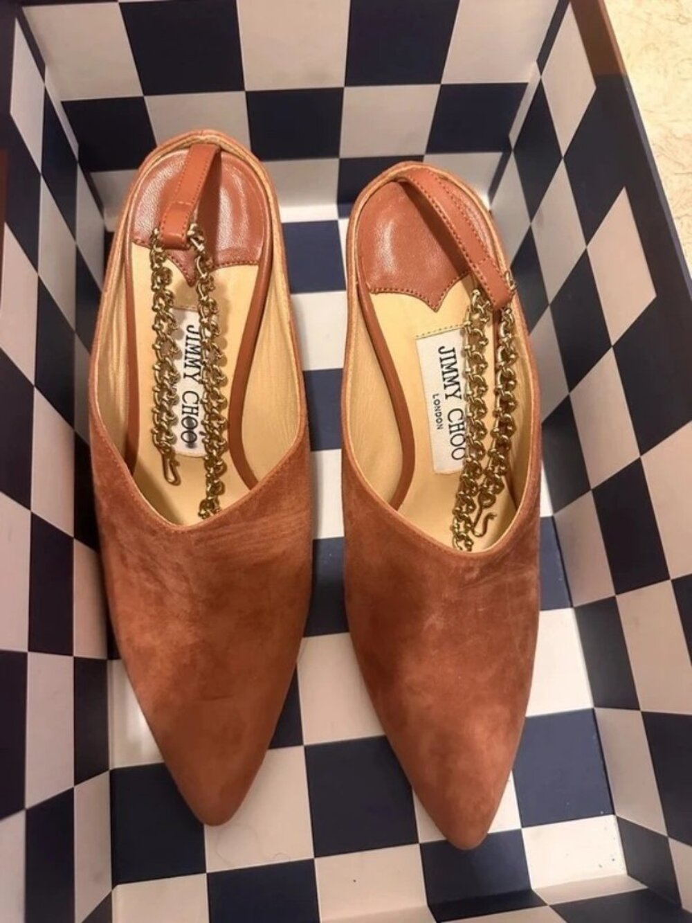 Jimmy Choo Brown Suede Slingback Pumps with Gold Chain